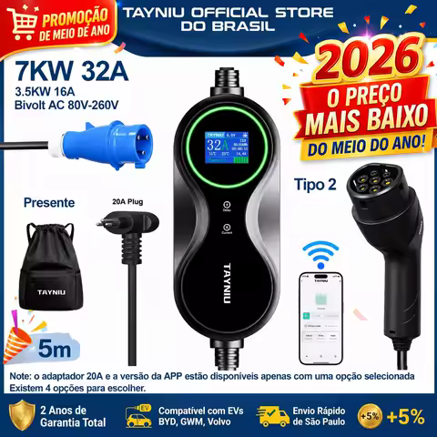 Carregador de Carro Elétrico TAYNIU APP 7KW 32A Wallbox 5M TIPO 2 3.5KW 16A 110V-220V Carregador Portátil para Veículos Elétricos com Adaptador e Bolsa para BYD GWM
