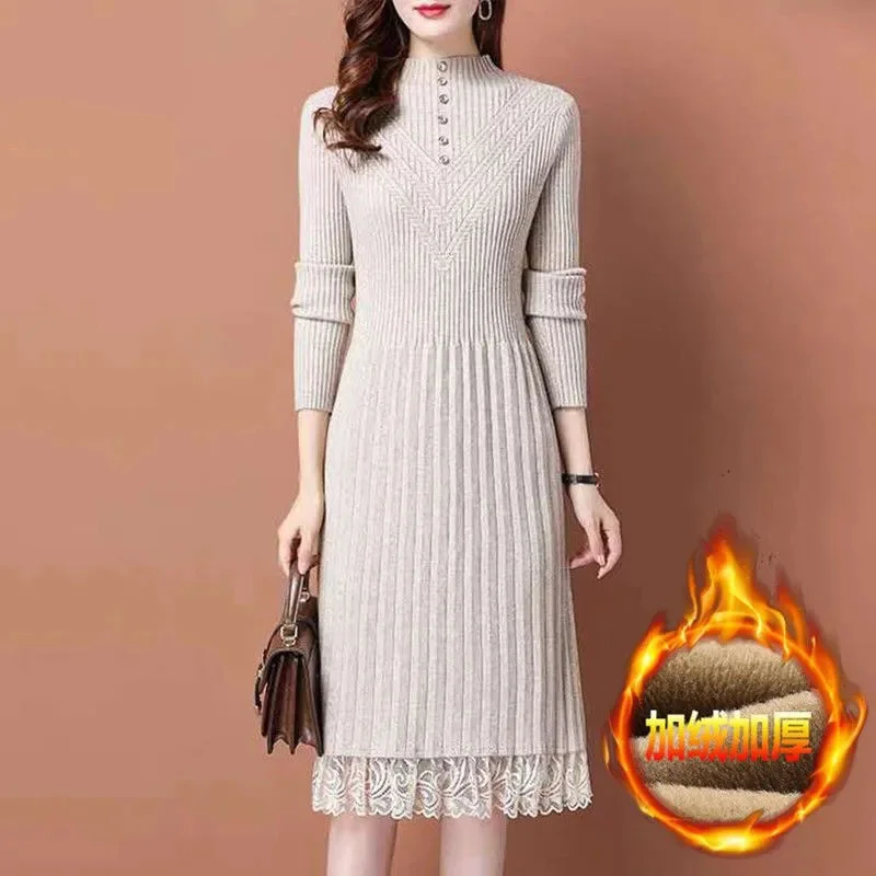 Vestido de suéter largo elegante para mujer, Vestidos de punto gruesos de terciopelo, temperamento de oficina, Vestidos de encaje para damas, Otoño e Invierno