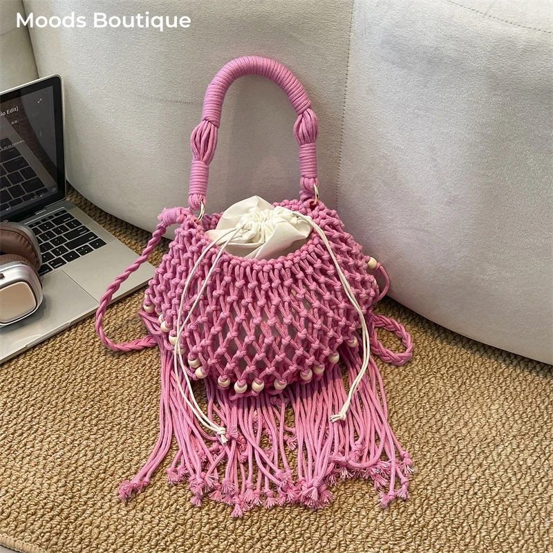 

MOODS Boho Style Shoulder Basket Bags For Women 2-IN-1 Yarn Knitted Drawstring Bucket Handbags 2026 New Summer Beach Holiday Bag