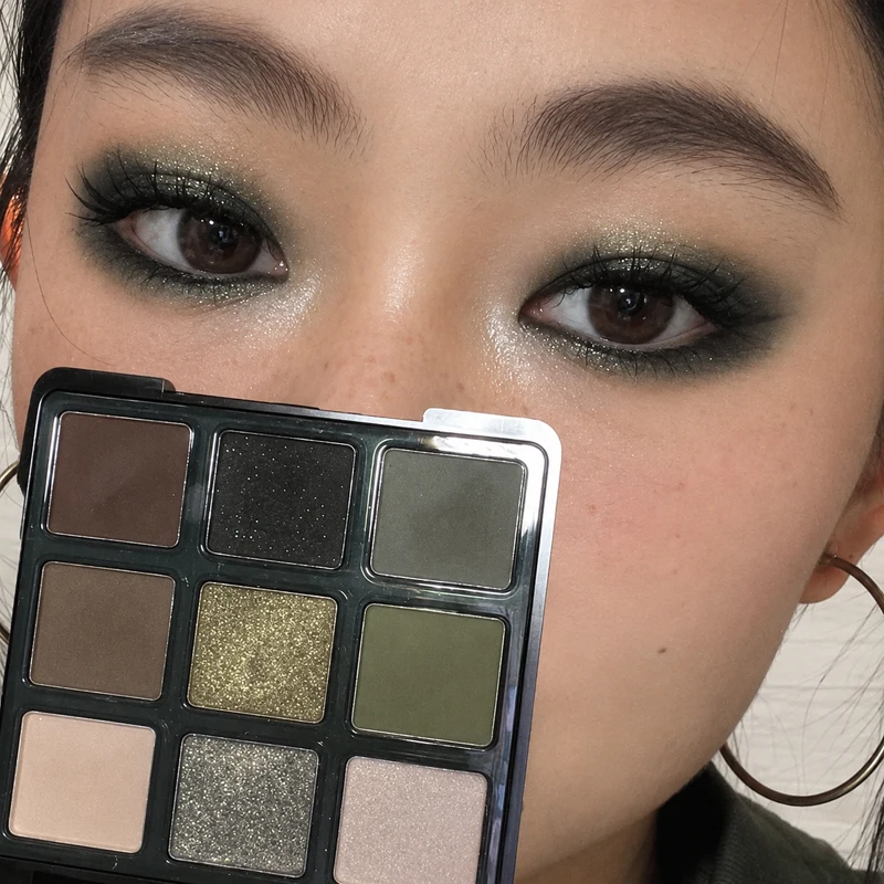 9 Color Olive Green Eyeshadow Palette Dark Black Shimmer Smoky Eye Makeup Palette Matte Glitter Brightening Eye Shadow