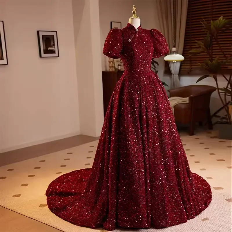 Customized  Elegant Wine Red Sequins Evening Dress for Women Stand Collar Puff Sleeve A-line Sparkling Party Formal Gown Vestido