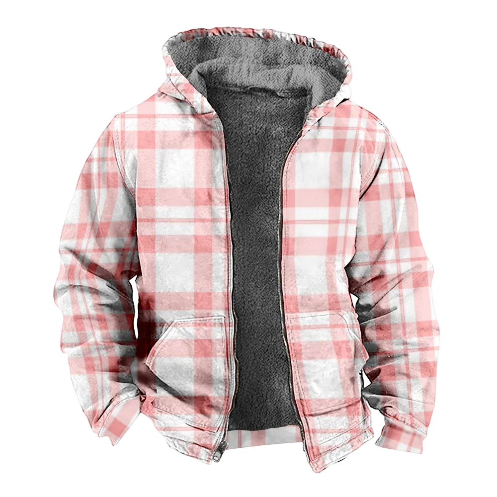 Men's Winter Jackets Coats,Pink Plaid Striped Pattern Cotton Clothes Overcoat Moisture-absorbing Japan Style