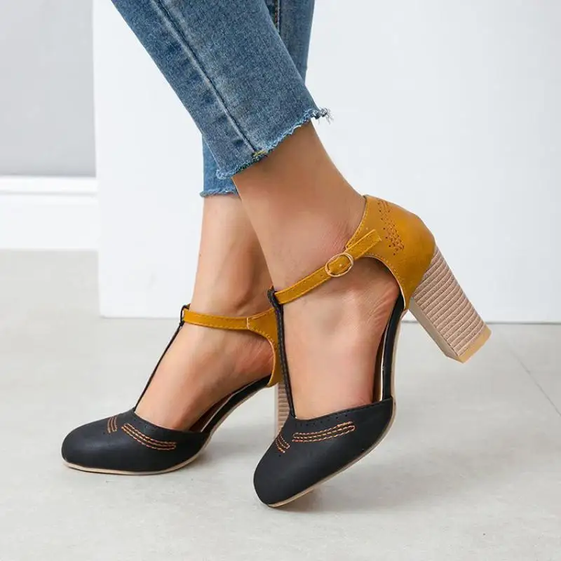 Spring Women New European And American Retro Round Toe Color Blocked T-shaped Buckle Foreign Trade Plus Size High Heels Shoes