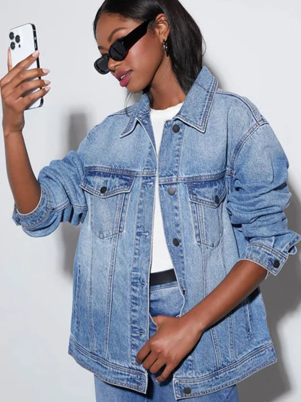 

Waed Denim Jaet Loose Long Sve Casual Women's Outerwear Cross-Border Faion Autumn Cotton Polyester Blend ort Coat