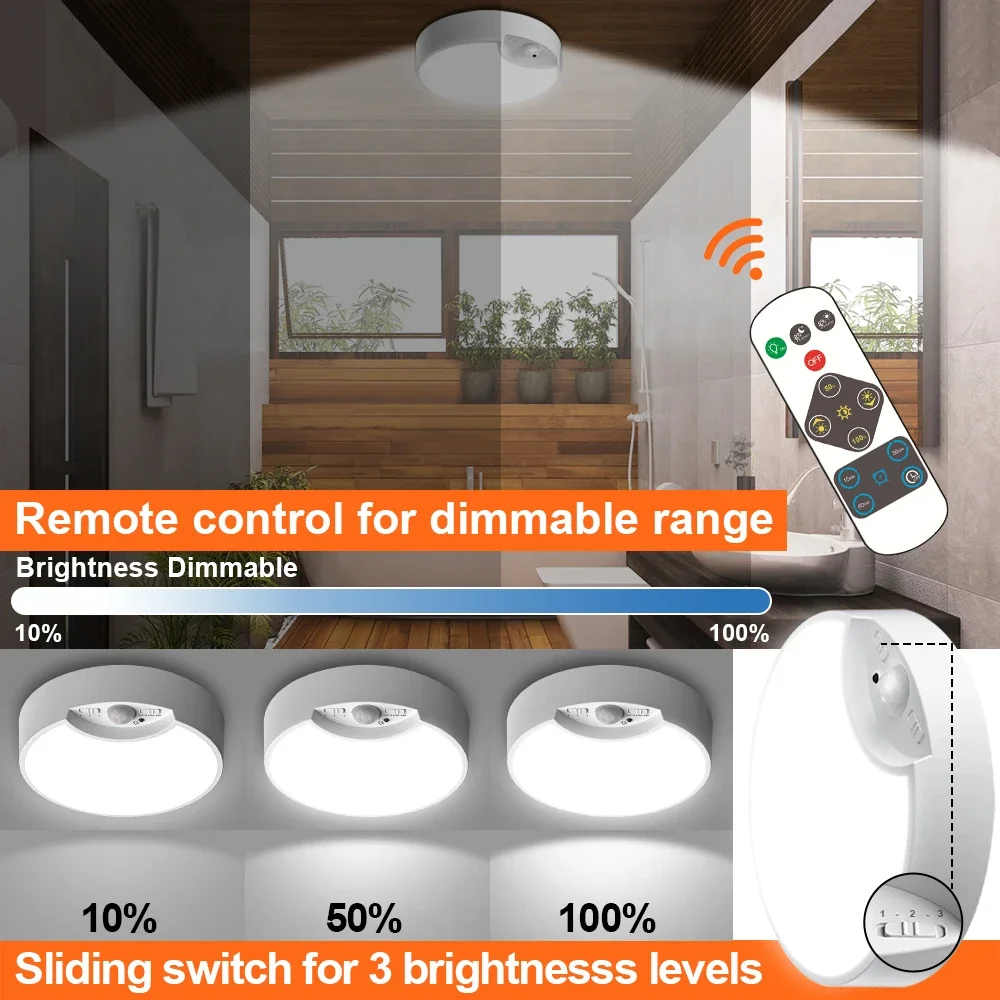 PIR Motion Sensor LED Ceiling Lights Battery Operated Wireless Remote Control Night Light For Entrance Balcony Dimmable Timer