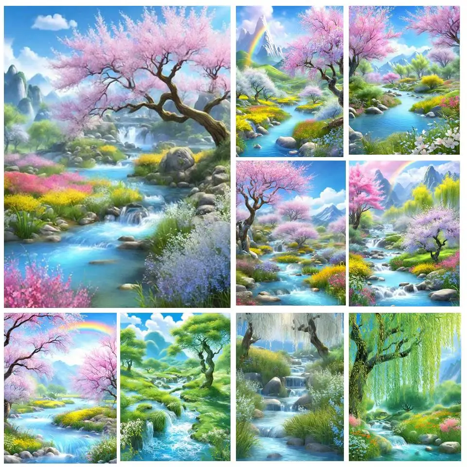 Spring Natural Scenery 5D Diy Diamond Painting Jewelry Cross Stitch Landscape Green Tree Creek Sakura Full Mosaic Art Rhinestone