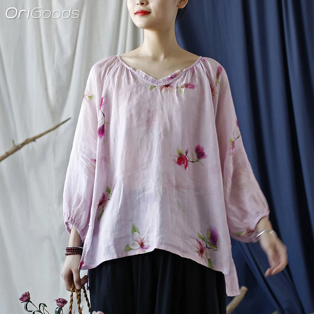 OriGoods Ramie Blouse Women Loose Thin Ramie Fabric Summer Shirt Kawaii Cute Japanese Style Print Blouse 2024 New Top X097