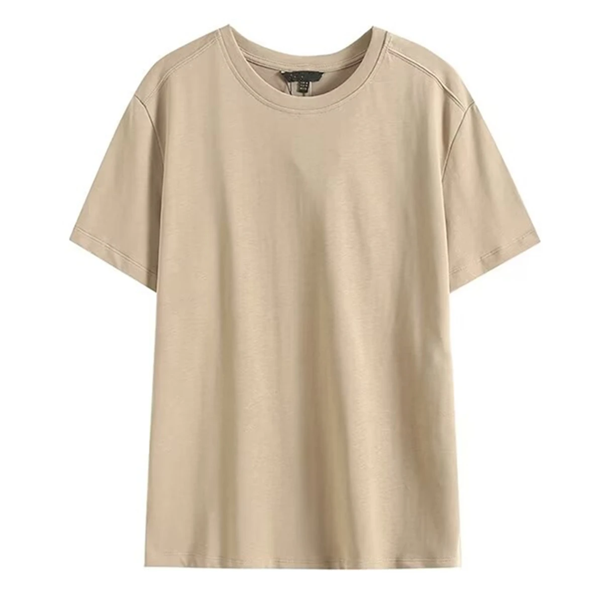 Withered Minimalist khaki Color Short Sleeve Round Neck Tshirts Cotton Summer For 2024 T-shirt Women