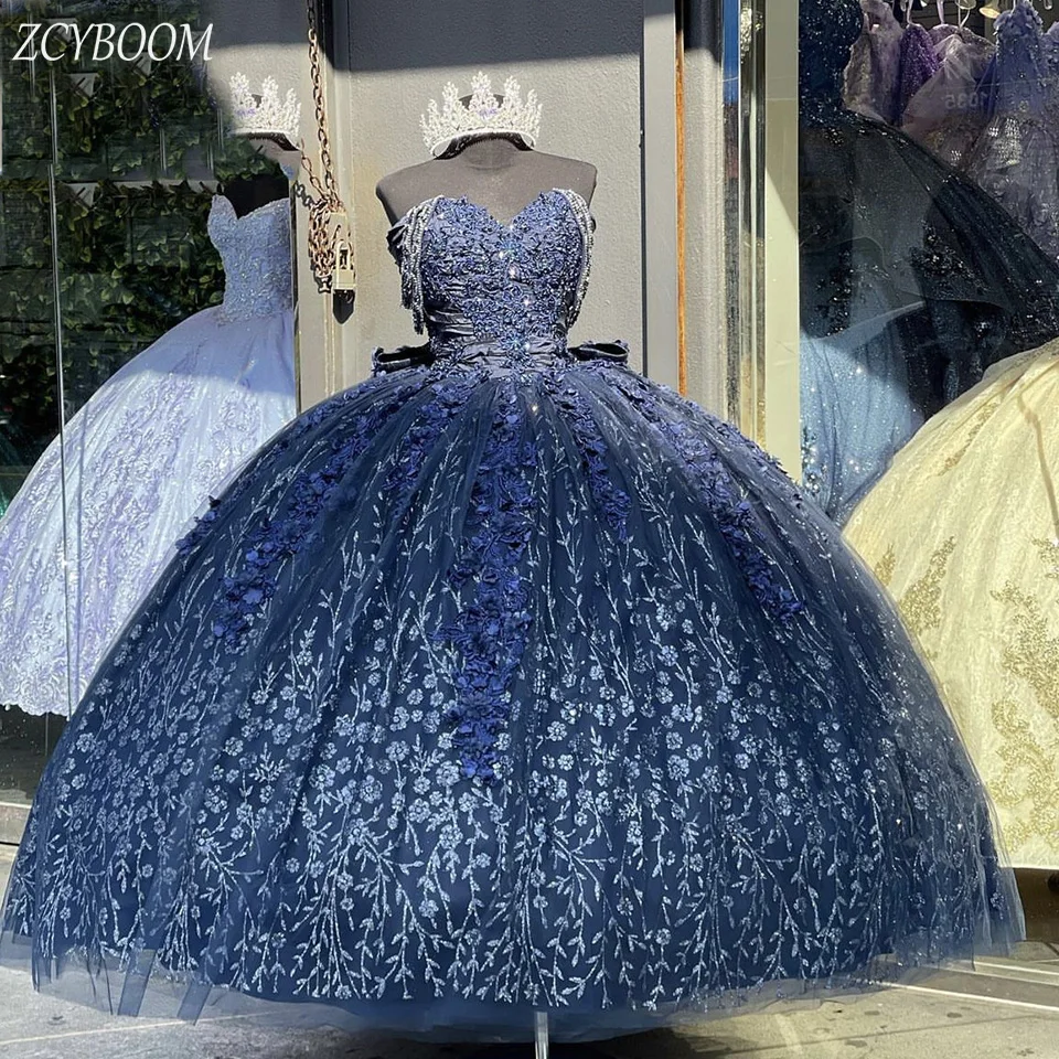 

Роскошное темно-синее платье Quinceanera, милое вечернее платье с блестками и аппликацией, 2024, бальное платье длиной до пола, платье для выпускного вечера со шлейфом