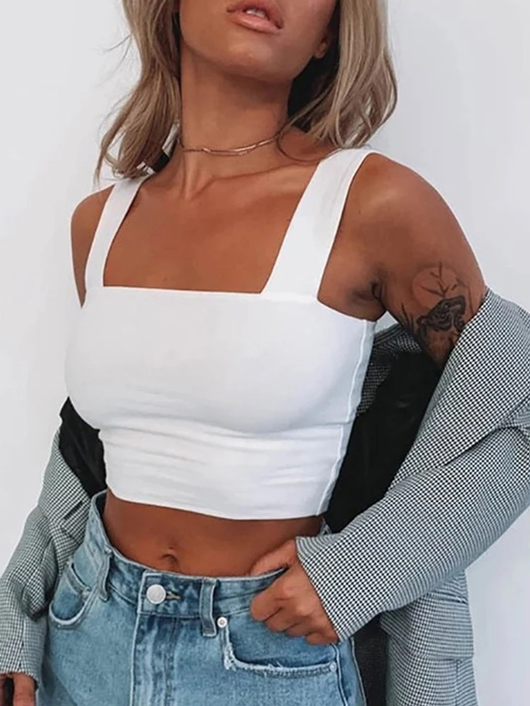 Square Neck Sleeveless Summer Crop Top White Women Black Casual Basic T Shirt Off Shoulder Cami Sexy Backless Tank Top