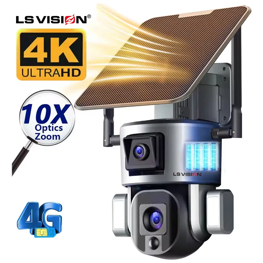 LS VISION 4K 10X Zoom Dual Lens Surveillance Outdoor Security Camera With Solar Panel PTZ Outdoor WIFI Camera