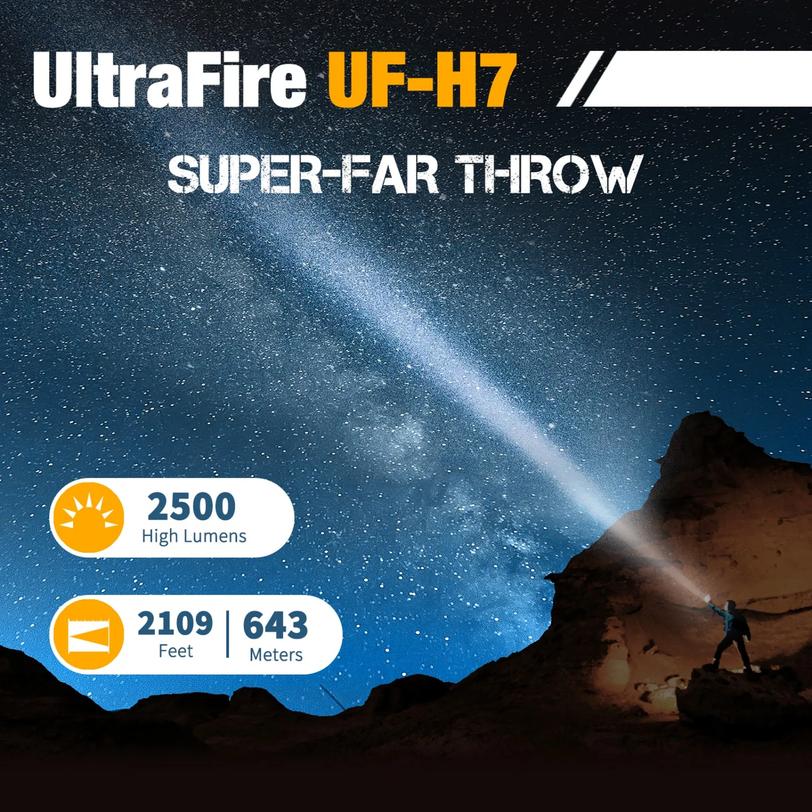مصباح يدوي تكتيكي UltraFire UF-H7 بقوة 2500 لومن ومدى طويل 643 مترًا ومنفذ USB C قوي 21700 قابل لإعادة الشحن للاستخدام الخارجي EDC مناسب للشرب #2