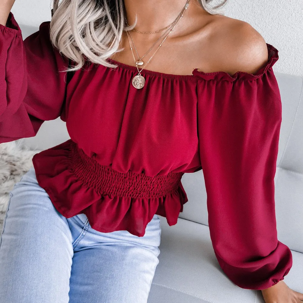 Elegant Solid Color Pullover Blouses Women Autumn Sexy Slash Neck Off Shoulder Hem With Ruffle Edge Patchwork Chiffon Shirt Top