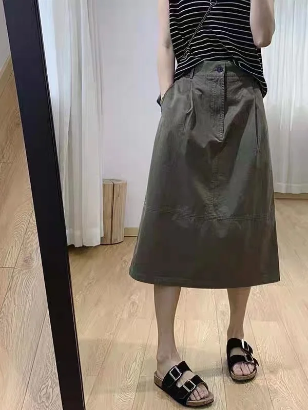

Spring 2026 Cotton Workwear Skirt High Waist A-Line Loose Fit Casual Pear Straight Body Shape Spring Cotton Skirt