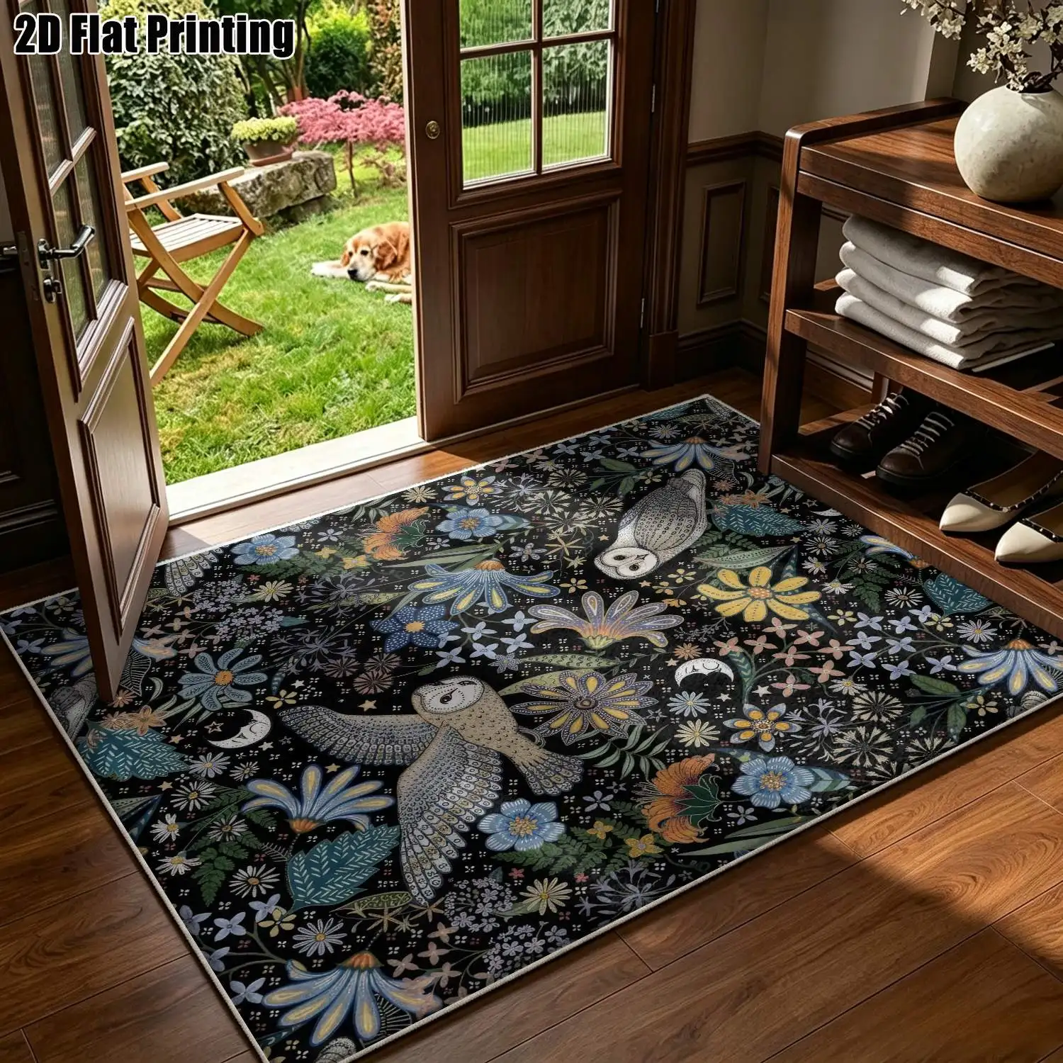 1Pc 2D Printed Velvet Carpet: Blue-Black Background, Owl&Flower Patterns Multi-Style, Multi-Size, Machine Washable, Ideal for Home Decor as Various Types of Mats/Carpet.