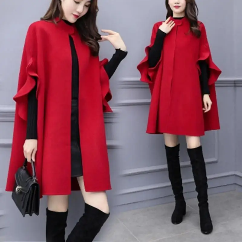Women\'s Autumn Winter Clothing New Korean Fashionable England Midi Solid Color Stand Collar Flare Sleeve Draped Woolen Cape Coat