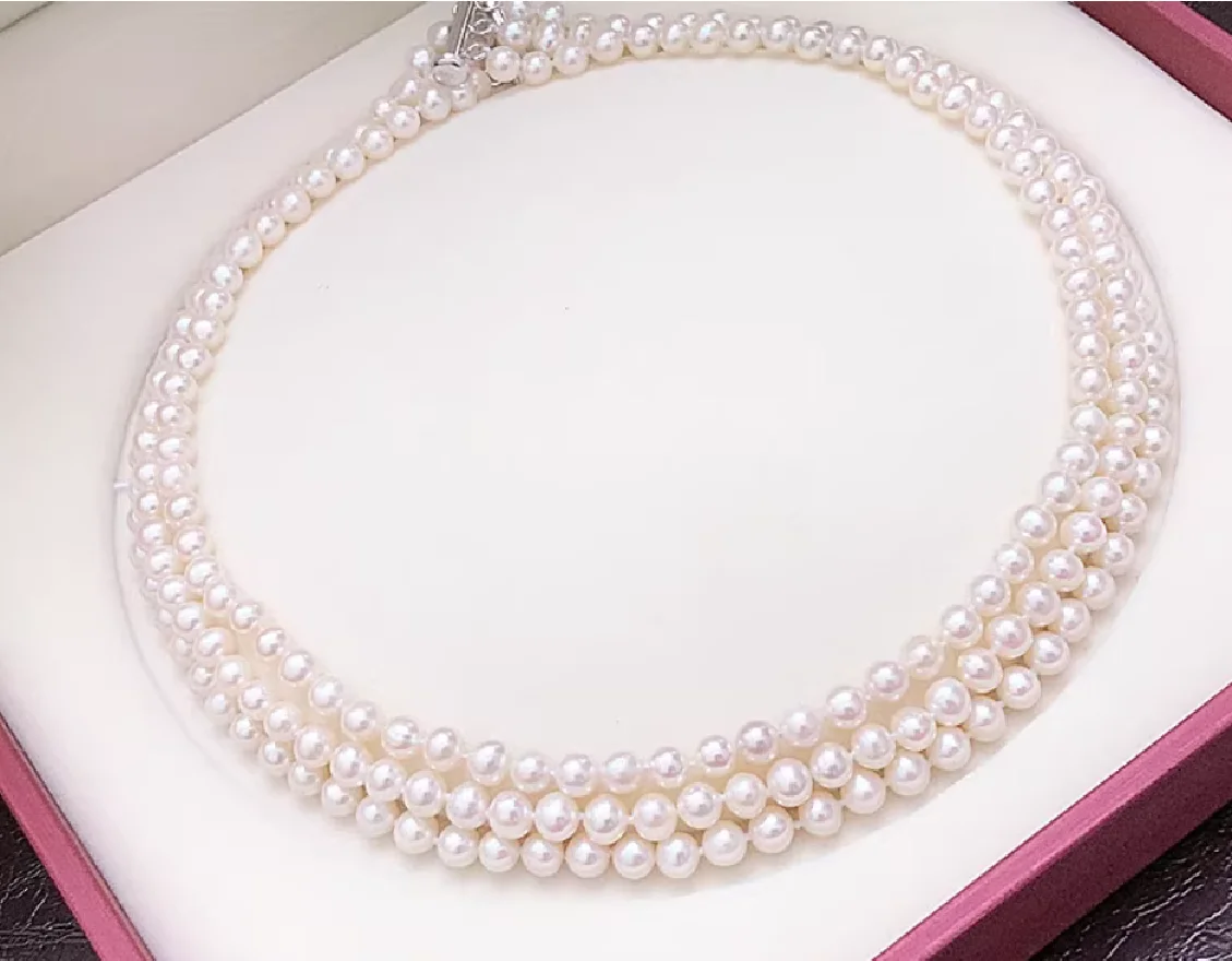 3 Row White Pearl Necklace 7-8mm Sea Cultured Round Pearl 16-18