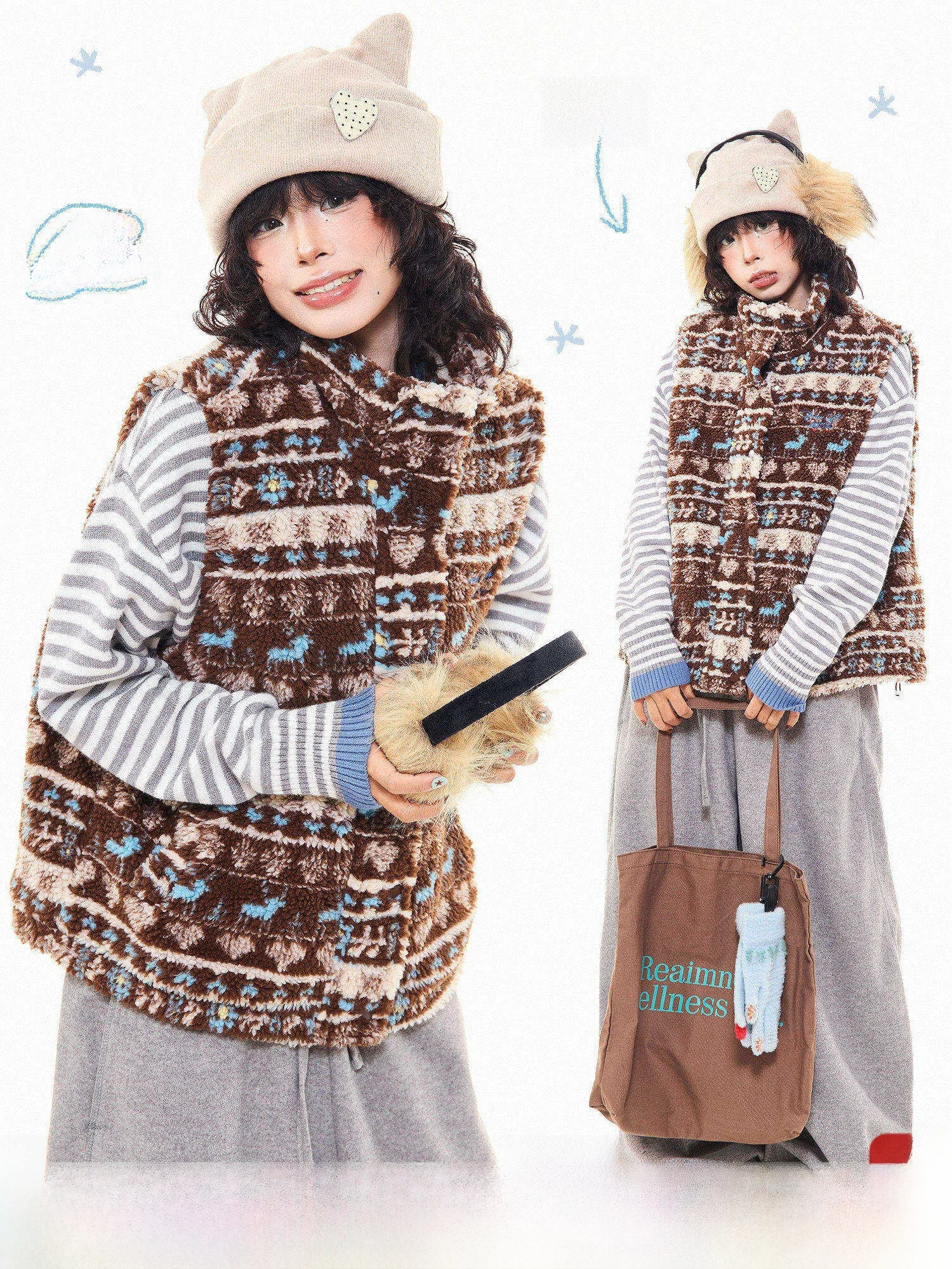 

Теплый жилет Fair Isle, женский, свободного кроя, с воротником-стойкой, хлопковый, в американском ретро-стиле, зимний, новинка MKGO