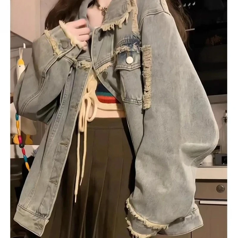 

Distressed Light Blue Denim Jacket | Ripped Fringe Detailing Colorful Tassel Drawstring Edgy Streetwear Retro Casual Coat