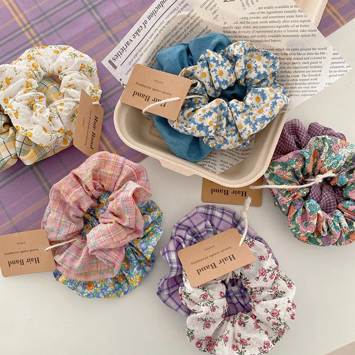2 uds. De coleteros florales frescos coreanos, accesorios para el cabello de estilo pastoral con lazo para el cabello para niña versátil a cuadros, adecuados para uso diario