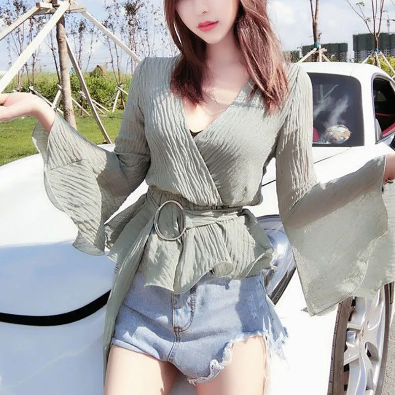 Elegant V-Neck Lace Up Folds Ruffles Flare Sleeve Blouse Female Clothing 2023 Spring Autumn New Casual Pullovers Sweet Shirt