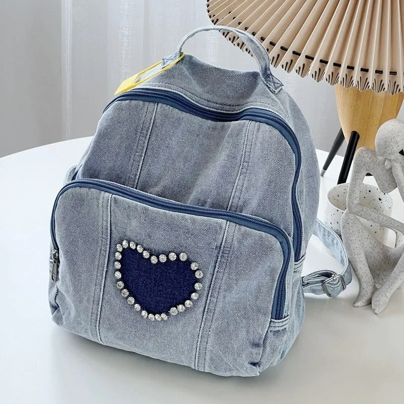 

Y2K 90s Fashion Harajuku Kawaii Denim Textile Medium Size Backpack Teenager Cutecore Cute Lolita Ita Emo Book School Knapsack