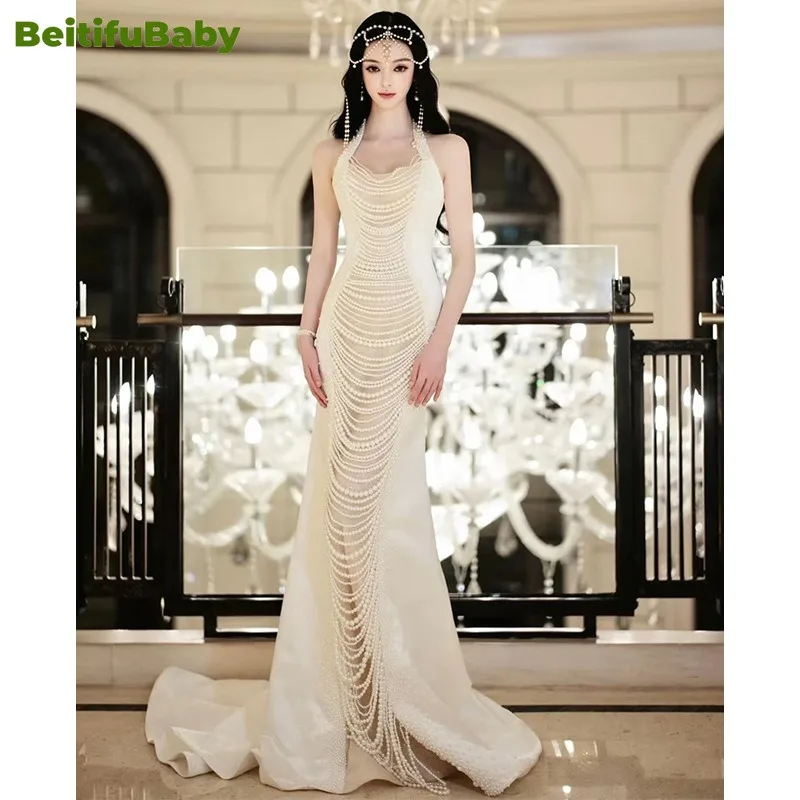 BeitifuBaby 2024 Women\'s Party Dresses Elegant Light Luxury Halter Beading Sleeveless Backless Mermaid Dress Vestidos De Fiesta