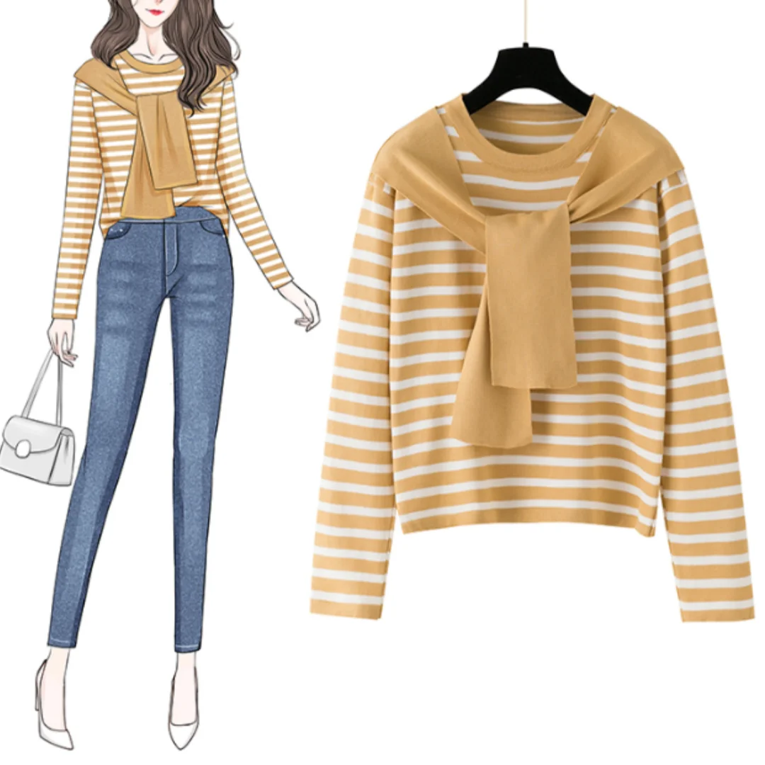 Women's Shoulder Wrap Stripe Knitted Tops Color Block Sweater O-Neck Long Sleeve Casual Preppy Style Autumn Fashion Outwear New