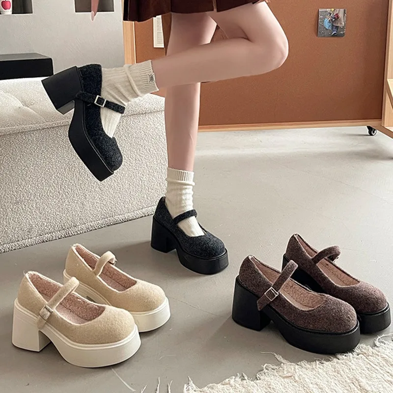 أنيقة عالية الكعب النساء الخريف الشتاء الدافئة الجلد المدبوغ مضخات صندل بكعب مكتنز مشبك حزام الجلد المدبوغ جولة تو الصلبة فساتين راقية الأحذية