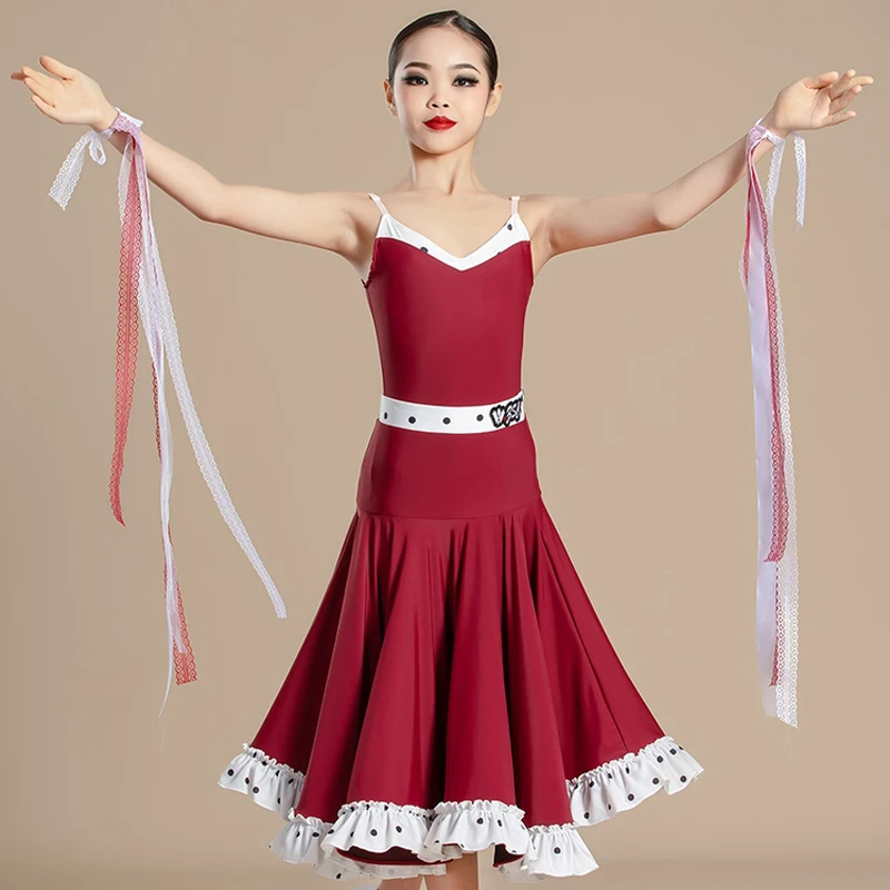 Red Latin Dance Competition Dresses Girls Waltz Ballroom Dance Performance Costumes Kids Performance Dancing Suits XS7655