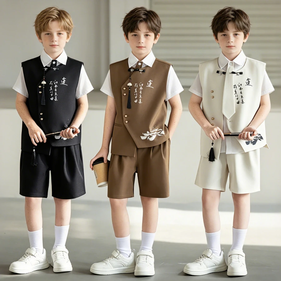 Teen Boys Chinese Style Vest Shorts Set Calligraphy Print Kids Tang Suit for Spring Festival Birthday Party Performance Costume