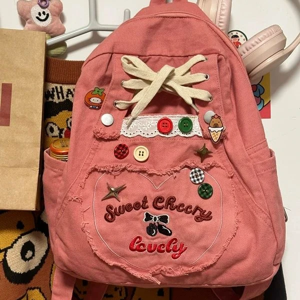 Japanese Cartoon Cute Backpack Schoolbag School Supplies Women\'s Bags Kawaii Bow Button High-capacity Backpacks