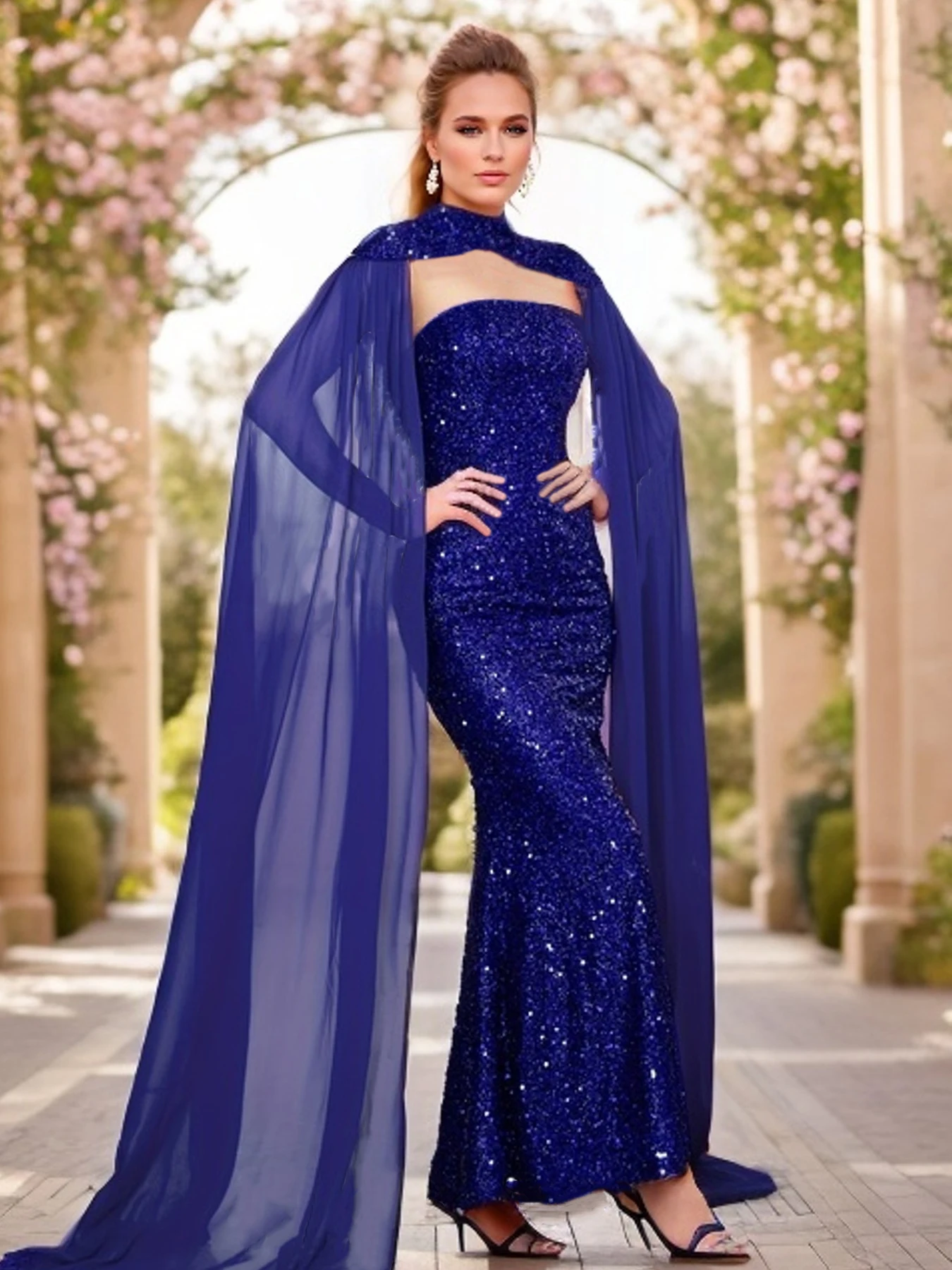 Romagic Detachable Shawl Sleeves Strapless Wedding Prom Dresses Sequins Elegant Women Evening Party Dress Set Floor Length