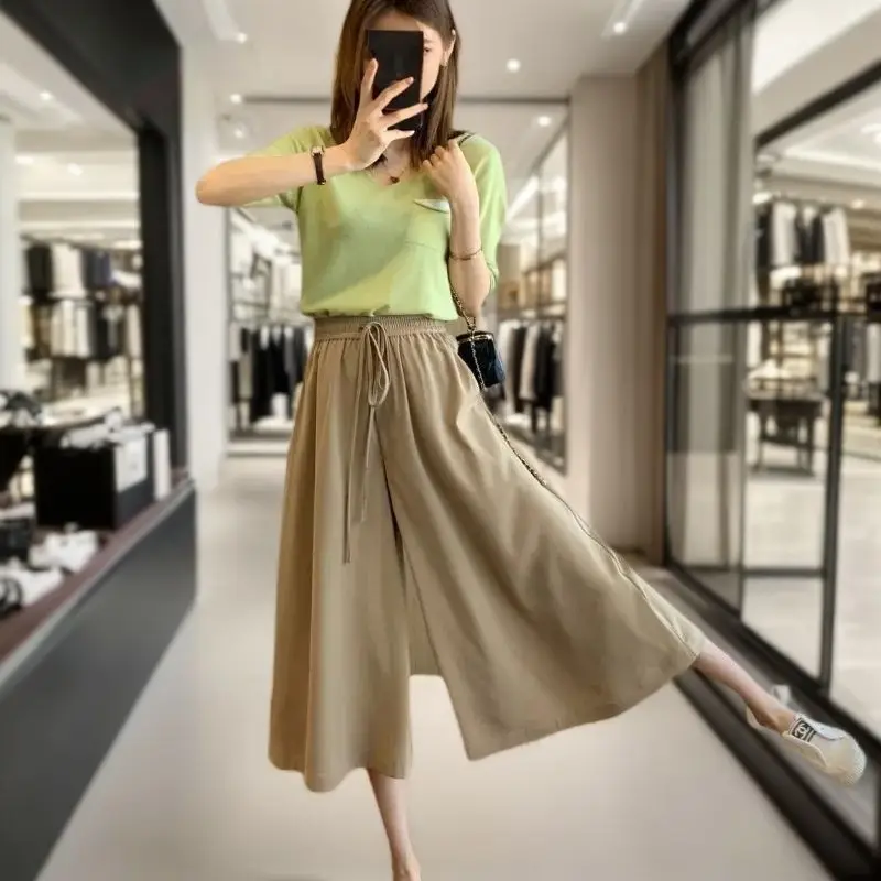 Korean Minimalist Summer Solid Color Women's Thin Ice Silk Fabric Elastic Waist Drawstring Fashion Casual Calf Length Pants