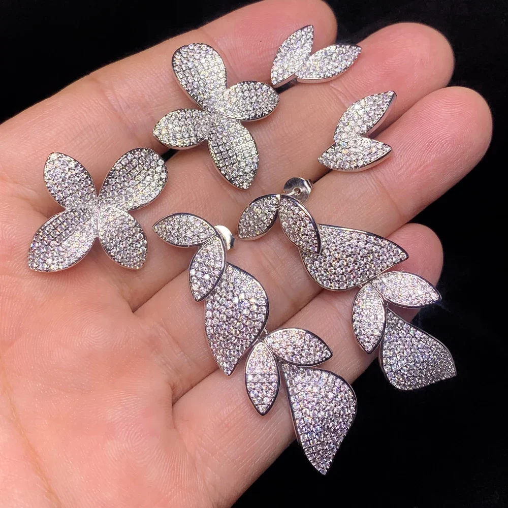 Luxury Fashion Flower Leaf Shaped Earrings for Women Gorgeous Micro Paved Bling Cubic Zirconia Bridal Wedding Jewelry