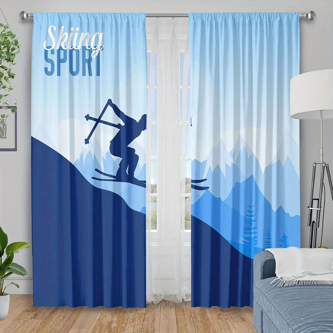 Skiing Sport Curtain, Winter Mountain Silhouette Print Drape, Blue Gradient Snow Scene Window Treatment for Kids Room Home Decor
