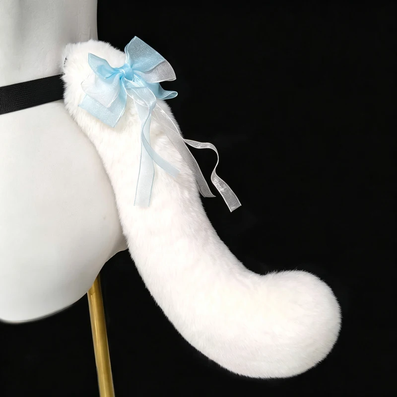Cat Fox White Tails with Bow Plush Cosplay Costumes Dog Furry Tail Role Play Party Performance Props Fursuit Tail for Halloween