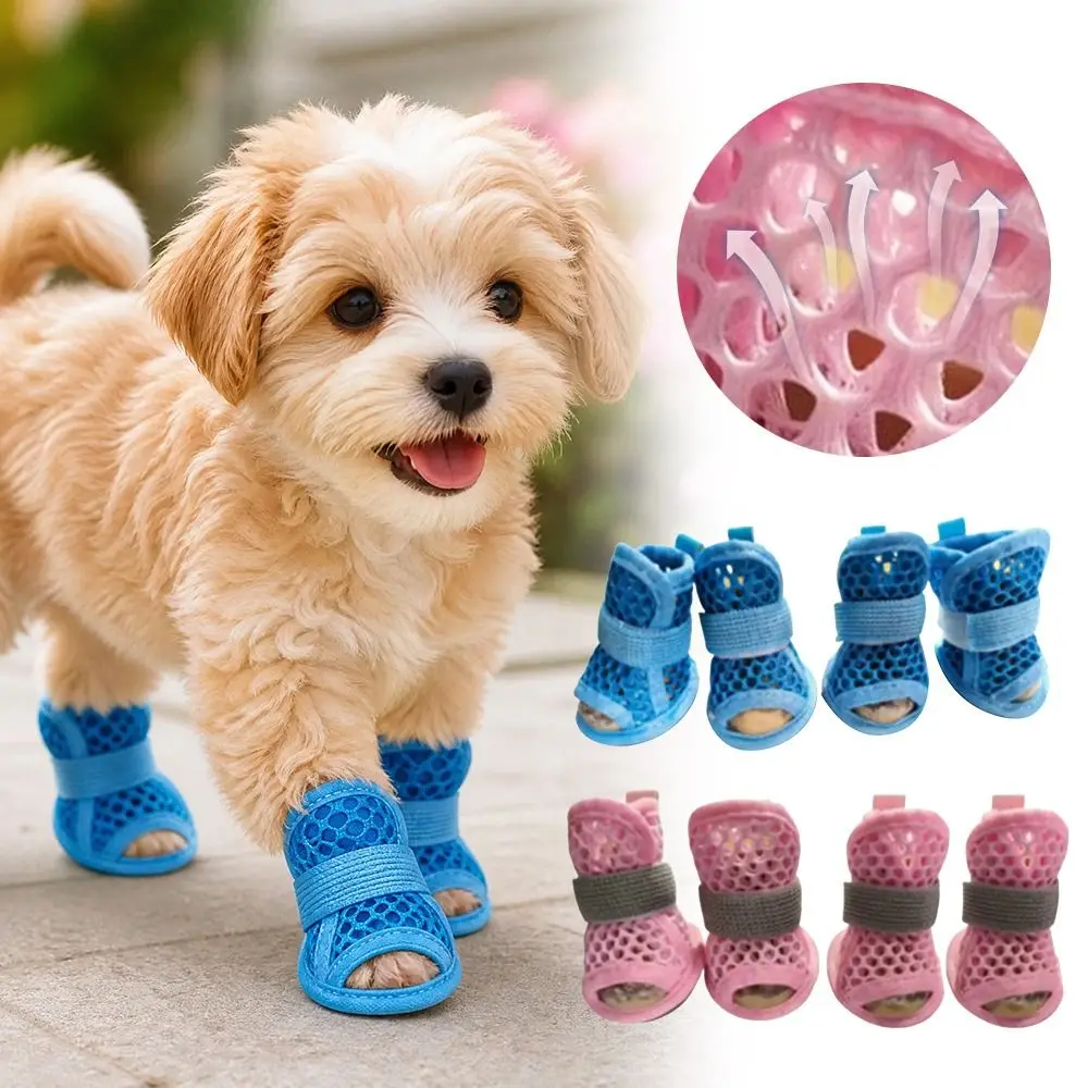 4 Stück niedliche Netz-Hundeschuhe mit weicher Sohle, elastischem Riemen, Haustiersandalen, atmungsaktive, rutschfeste Hundefußabdeckung für kleine und mittelgroße Haustiere