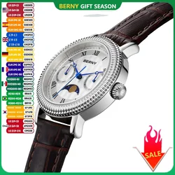 Relojes BERNY para mujer, reloj de vestir de negocios de lujo, fase lunar, elegante reloj de pulsera de cuarzo para mujer, correa de cuero de acero inoxidable