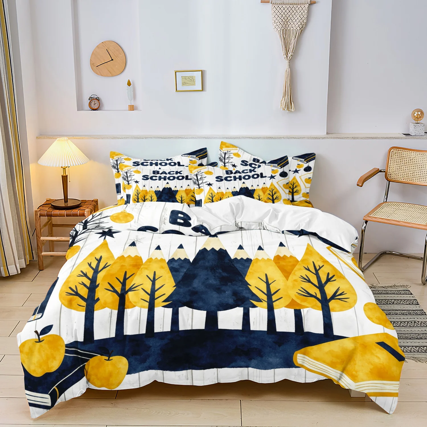 3Pcs Cute Back to School Print Duvet Cover Bedding Set, Blue & Yellow Pencil Trees and Books Pattern Print Bedding