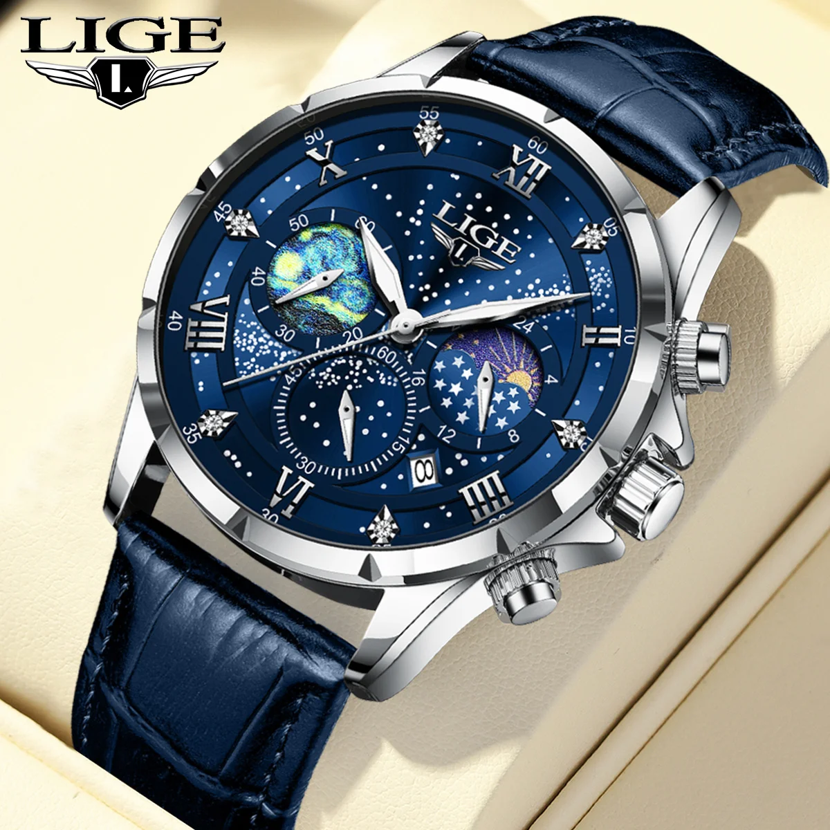 LIGE Luxury Leather Man Watch Quartz Calendar Waterproof Luminous Chronograph Mens Watch Moon Phase Outdoor Sports Men Watches