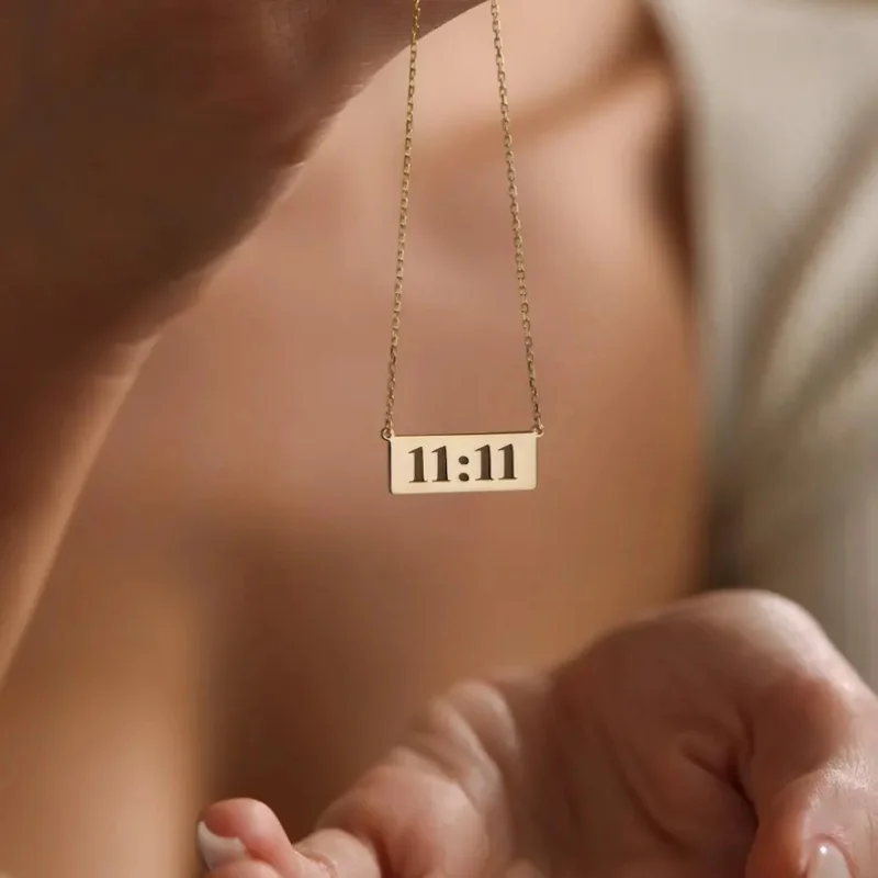 

Custom Hollow Out Time Necklace Stainless Steel Rectangle Bar Pendant Dainty Minimalist Lucky Number Jewelry Gift for Women