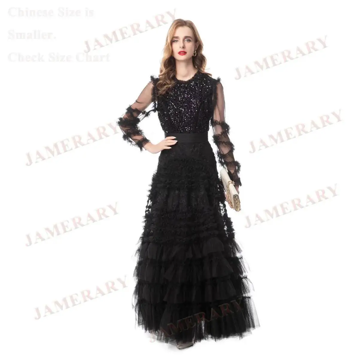 Verão outono luxo formal noite vestidos longos feminino manga preto ruflfe bolo lantejoulas vestido senhora baile de formatura festa marca vestidos