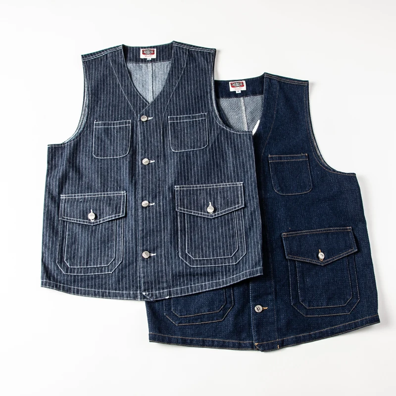 Buckle Back Retro Denim Vest Men's Multi Pockets Workwear Sleeveless Jacket Y2k Youth Male Striped Blue Camisole Top Vintage