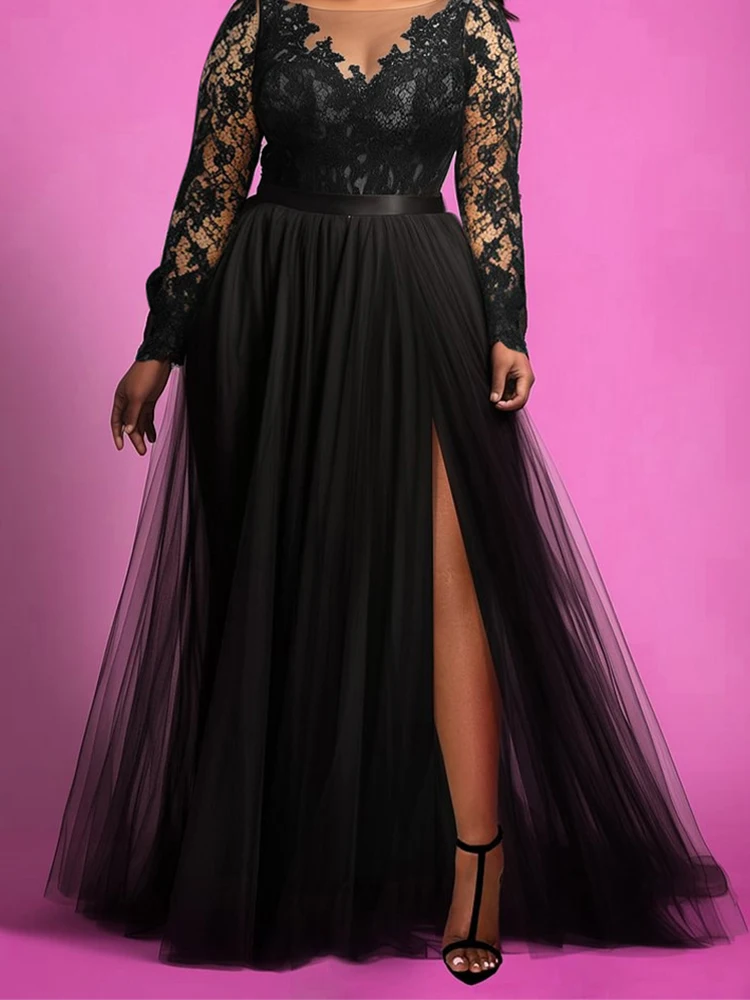 Женское платье больших размеров, кружевное прозрачное сетчатое платье с разрезом по подолу, высокая талия, элегантное вечернее платье макси с длинным рукавом и v-образным вырезом для гостей