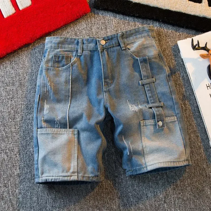 Man Denim Shorts Straight Spliced Wide Baggy Short Jeans Pants for Men Loose Trend 2024 Buttons Xl Harajuku Sale Popular Summer