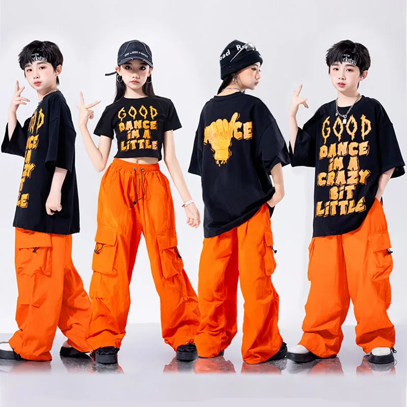 

Kid Kpop Hip Hop Clothing Black Letters Ctop T Shirt Top Orange Casual Parachute Cargo Pants for Girl Boy Dance Costume Clothes