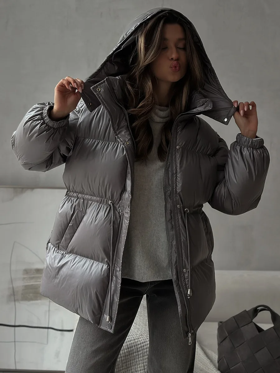 Solid Zipper Drawstring Puffer Jacket Quilted Water-Resistant Loose 2026 Winter/Fall Warm Women Outerwear Daily Causal Lady Coat