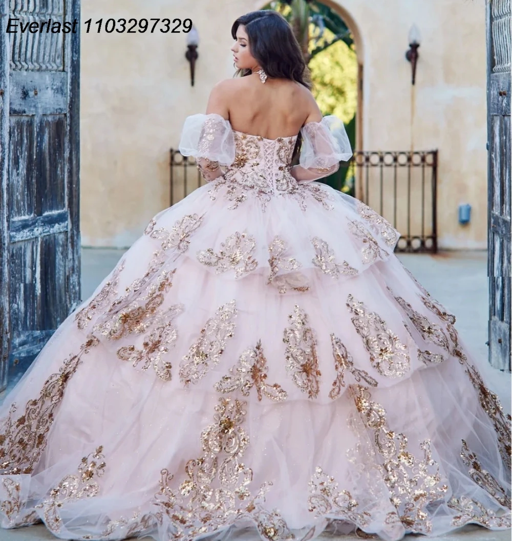 EVLAST PinkQuinceanera abito da ballo oro pizzo Applique perline manica a sbuffo a strati dolce 16 Vestidos De XV 15 Anos TQD636