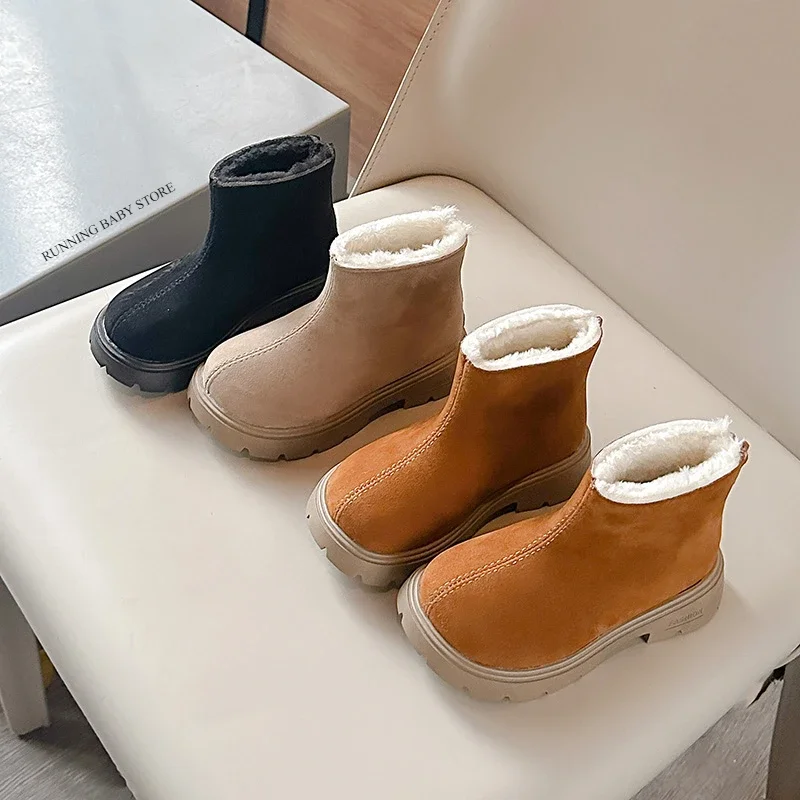 

2025 New Winter Trendy Children Snow Warm Suede Leather Girls Loafers Boots Shoes Girls Fashion Plush Pure Color Platform Boots